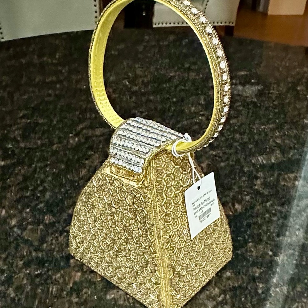 Elegant Gold Beaded w/ Clear Stones Mini Bag - Picture 2 of 5